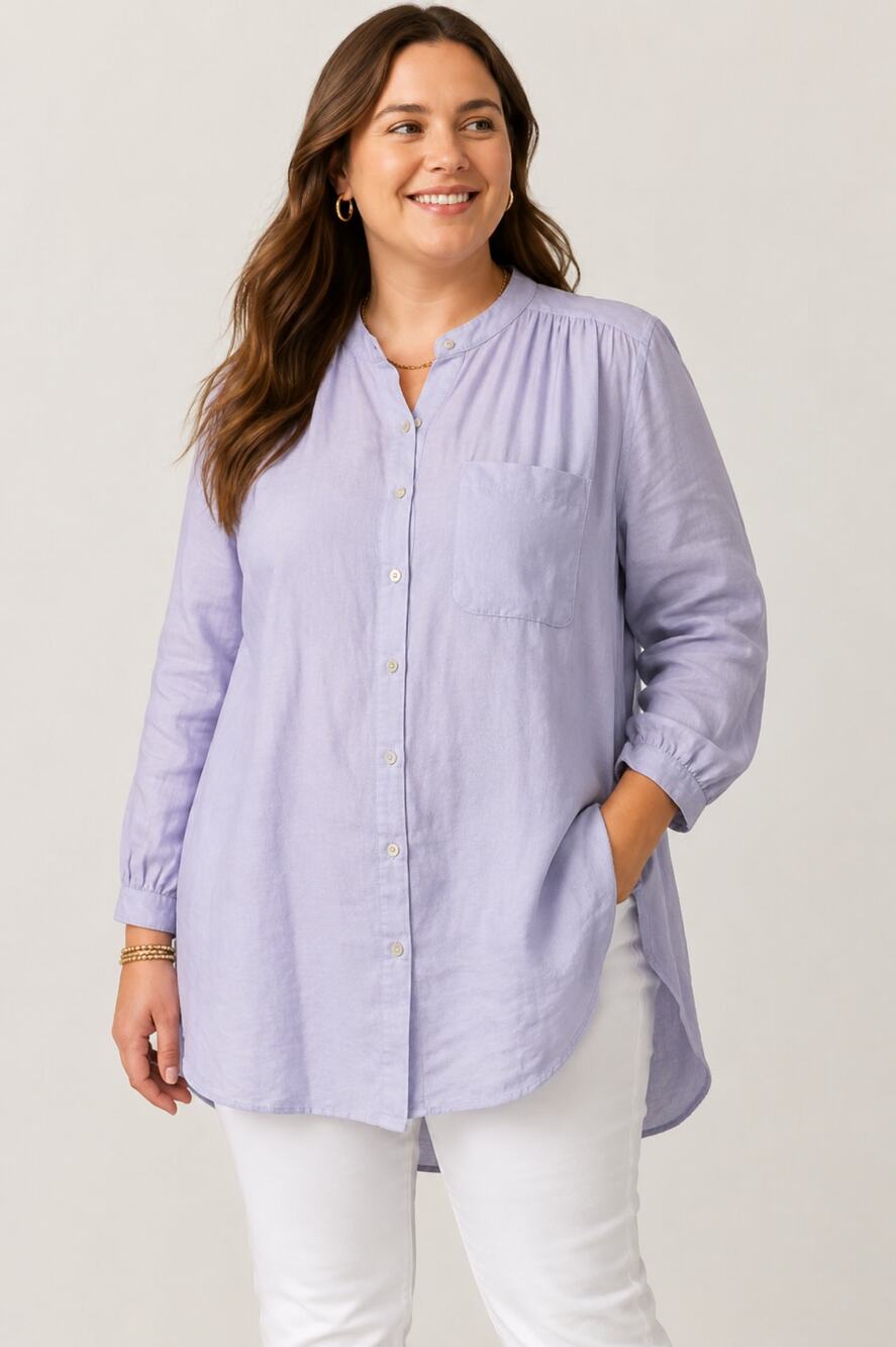 Lands' End SZ 1X 16W-18W Plus Size Linen A-Line Long Sleeve Tunic Top Pockets